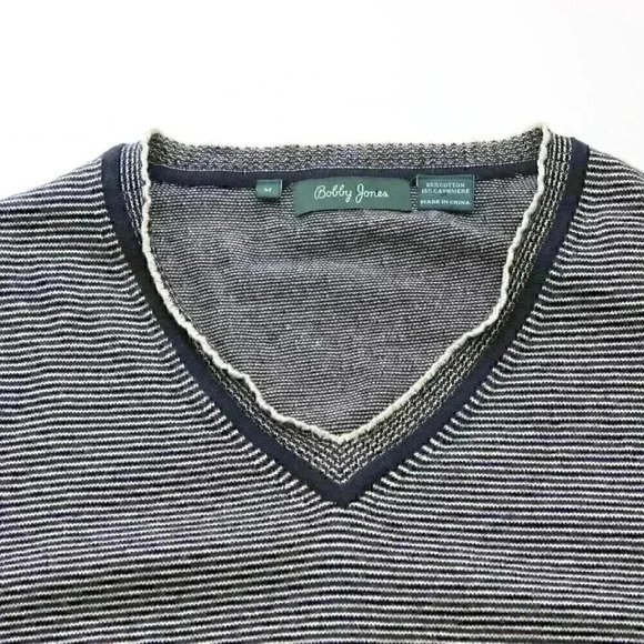 Bobby Jones Men's Medium Cashmere Blend Black White Striped V-Neck Sweater - Picture 3 of 9